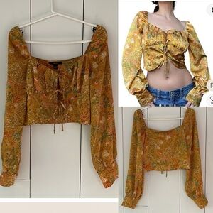Forever 21 Satin Crop Top in Gold Floral Print Sz L Front Tie Festival Fairy